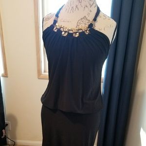 Cache drop waist halter dress w gold embellishment